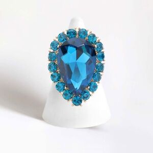 Blue Zircon Teardrop Stretch Rhinestone Crystal Cocktail Ring Finger Statement